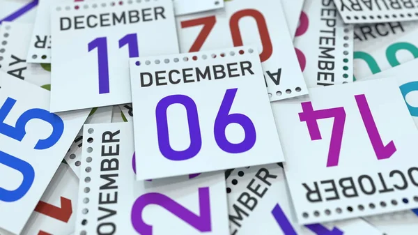 Fecha del 6 de diciembre en la página del calendario enfatizado, renderizado 3D — Foto de Stock