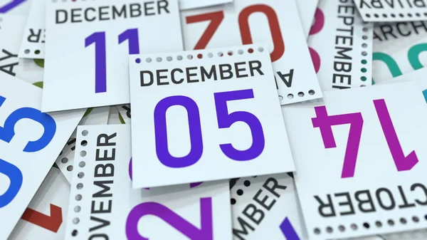 La página del calendario muestra la fecha del 5 de diciembre. Renderizado 3D — Foto de Stock