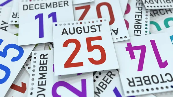 La página del calendario muestra la fecha del 25 de agosto. Renderizado 3D — Foto de Stock