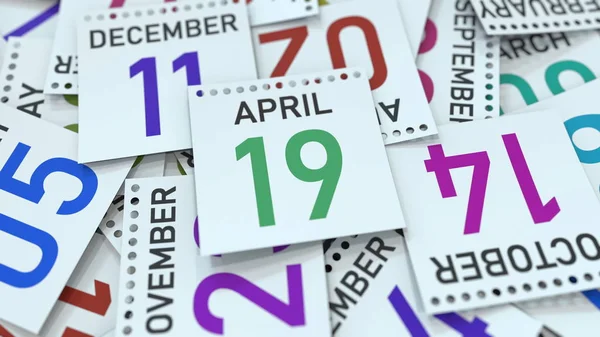 19 de abril fecha en la página del calendario. Renderizado 3D — Foto de Stock