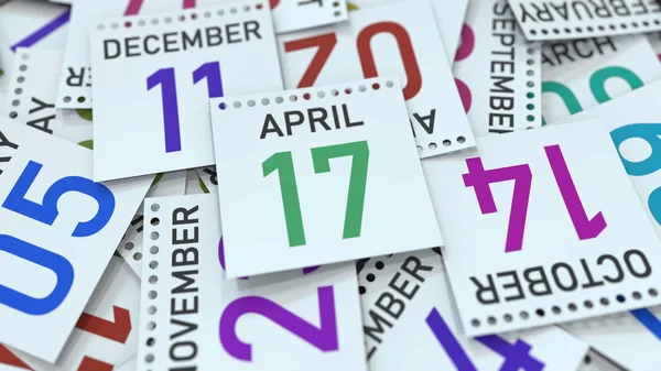 17 de abril fecha en hoja de calendario entre otras hojas, 3D renderizado — Foto de Stock