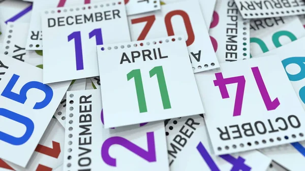 Hoja de calendario con fecha 11 de abril, renderizado 3D — Foto de Stock