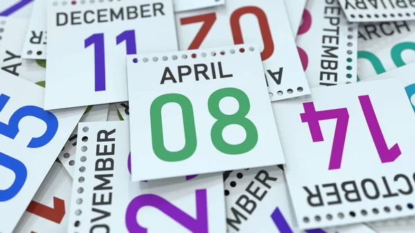 8 de abril fecha en hoja de calendario. Renderizado 3D — Foto de Stock