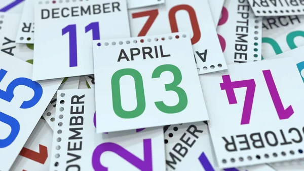 3 de abril fecha en la página del calendario enfatizado, renderizado 3D — Foto de Stock
