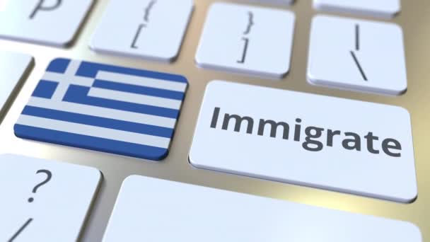 IMMIGRATE text and flag of Greece on the buttons on the computer keyboard. Conceptual 3D animation — Stock Video