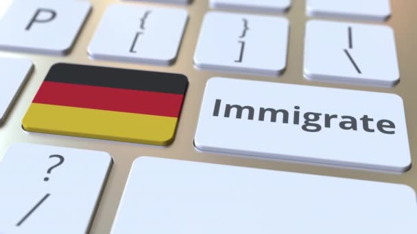 IMMIGRATE le texte et le drapeau de Gemany sur les boutons du clavier de l'ordinateur. Animation 3D conceptuelle — Video