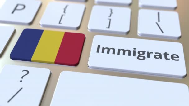 IMMIGRATE text and flag of Romania on the buttons on the computer keyboard. Conceptual 3D animation — Stock Video