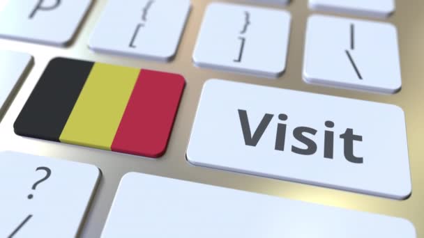 Odwiedź tekst i flaga Belgii na przyciski na klawiaturze komputera. Koncepcyjna animacja 3D — Wideo stockowe