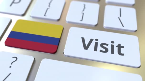 VISIT text and flag of Colombia on the buttons on the computer keyboard. Conceptual 3D animation — Stock Video
