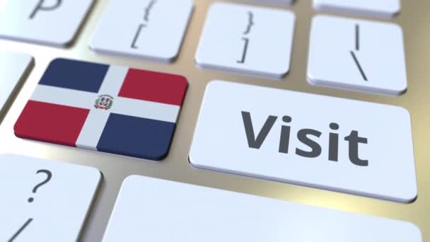 Besök text och flagga av Dominikanska republiken på knapparna på datorns tangentbord. Konceptuell 3D-animering — Stockvideo