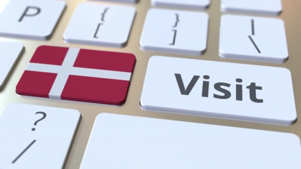VISITA testo e bandiera della Danimarca sui pulsanti sulla tastiera del computer. Animazione 3D concettuale — Video Stock