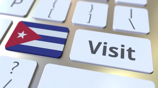 Na tlačítkách na klávesnici počítače navštivte text a vlajku na Kubě. Konceptuální 3D animace — Stock video