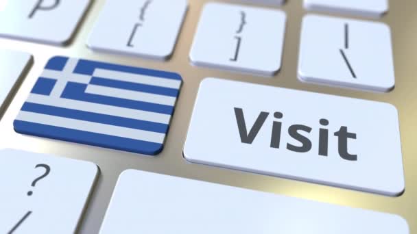 Відвідайте текст і прапор Греції на кнопках на клавіатурі комп'ютера. Концептуальна 3D анімація — стокове відео