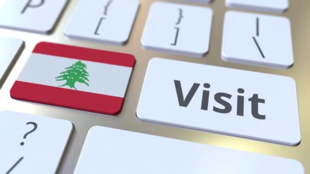 VISITAR texto e bandeira do Líbano nos botões no teclado do computador. Animação 3D conceitual — Vídeo de Stock