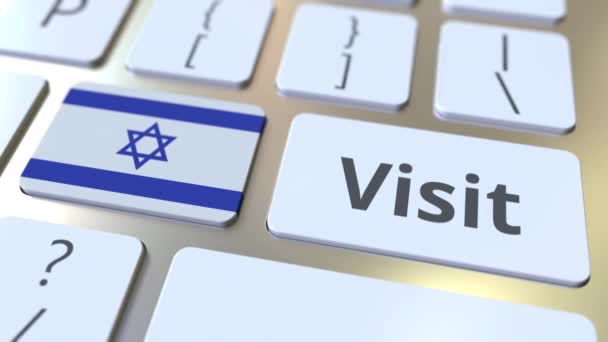 Visite el texto y la bandera de Israel en los botones del teclado de la computadora. Animación 3D conceptual — Vídeos de Stock