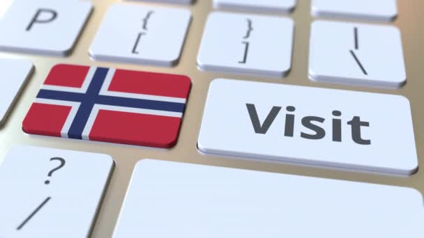 Текст VISIT и флаг Норвегии на кнопках на клавиатуре компьютера. Концептуальная 3D анимация — стоковое видео
