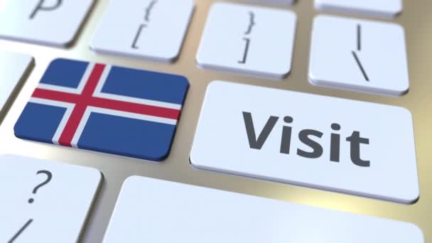 Bilgisayar klavyesindeki düğmelerde İzlanda metnini ve bayrağını ziyaret edin. Kavramsal 3d animasyon — Stok video