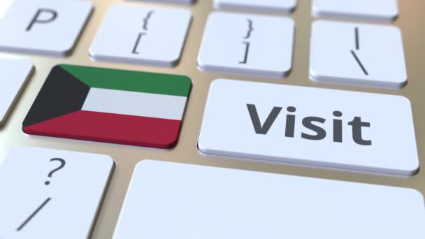 Visite el texto y la bandera de Kuwait en los botones del teclado del ordenador. Animación 3D conceptual — Vídeos de Stock