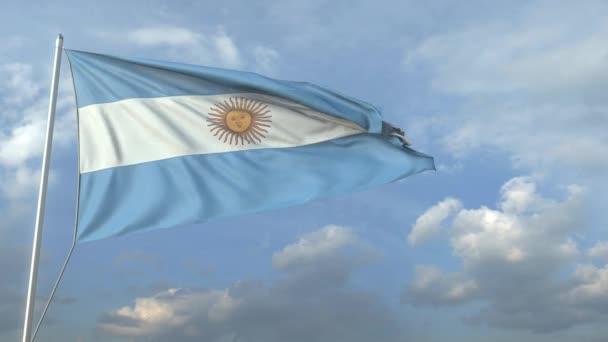 Airliner vliegen over zwaaiende vlag van Argentinië. 3D-animatie — Stockvideo