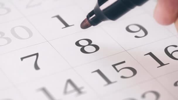 Marcado el octavo día 8 de un mes en el calendario se transforma en SAVE THE DATE text — Vídeo de stock