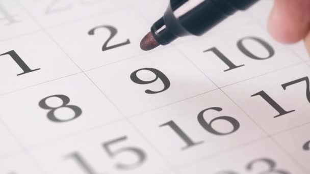 Marcado el noveno 9 día de un mes en el calendario se transforma en SAVE THE DATE text — Vídeos de Stock