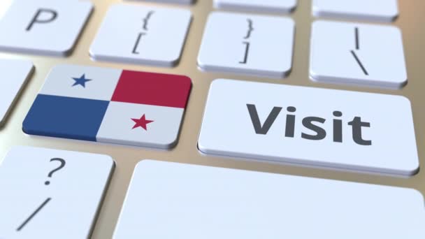 Bilgisayar klavyesindeki düğmelerde Panama metnini ve bayrağını ziyaret edin. Kavramsal 3d animasyon — Stok video