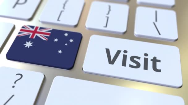 VISITAR texto e bandeira da Austrália nos botões do teclado do computador. Animação 3D conceitual — Vídeo de Stock