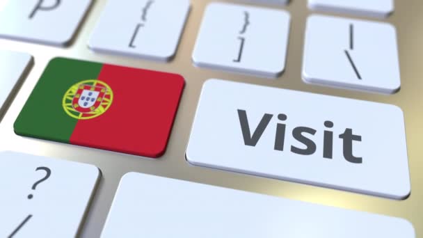 VISITAR texto e bandeira de Portugal nos botões do teclado do computador. Animação 3D conceitual — Vídeo de Stock
