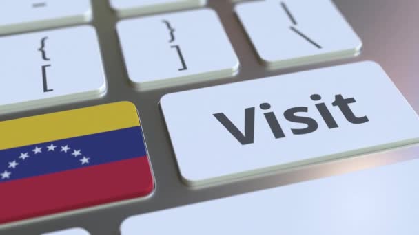 VISIT текст и флаг Венесуэлы на кнопках на клавиатуре компьютера. Концептуальная 3D анимация — стоковое видео