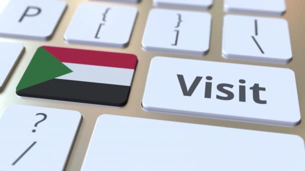 VISIT text and flag of Sudan on the buttons on the computer keyboard. Conceptual 3D animation — Stock Video