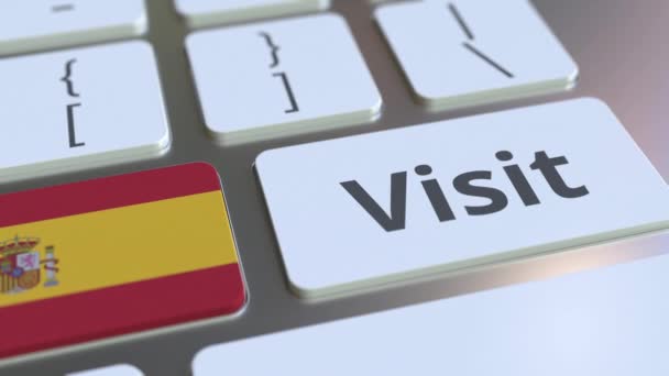 VISIT-tekst og Spanias flagg på knappene på tastaturet. Begrepsmessig 3D-animasjon – stockvideo