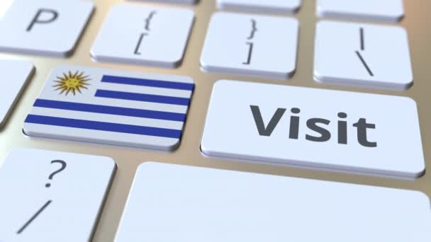 Bilgisayar klavyesindeki düğmelerde Uruguay metnini ve bayrağını ziyaret edin. Kavramsal 3d animasyon — Stok video