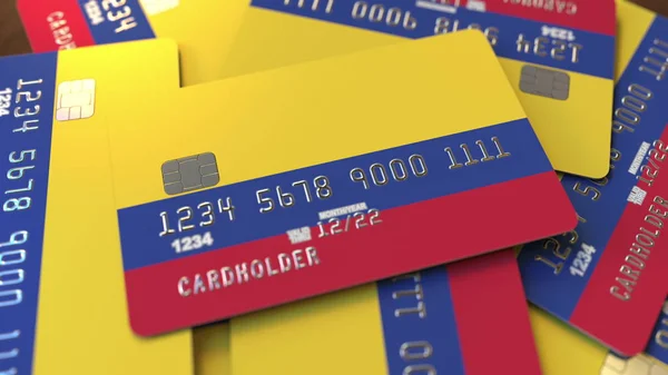 Stapel von Kreditkarten mit kolumbianischer Flagge. Konzeptionelle 3D-Darstellung des kolumbianischen Bankensystems — Stockfoto