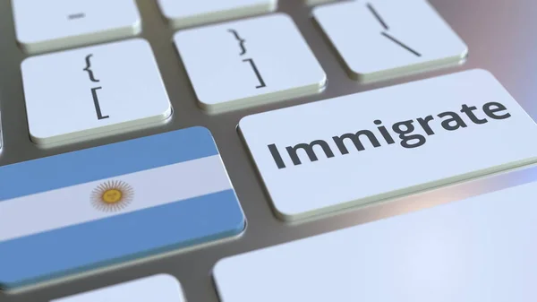 Immigrate tekst i flaga Argentyny na przyciskach na klawiaturze komputera. Koncepcyjny rendering 3D — Zdjęcie stockowe