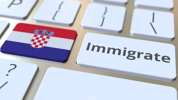 Імміграція текст і Прапор Хорватії на кнопки на клавіатурі комп'ютера. Концептуальне 3D-відтворення — стокове фото