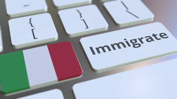 IMMIGRAdisci testo e bandiera d'Italia sui pulsanti della tastiera del computer. Rendering 3D concettuale — Foto Stock