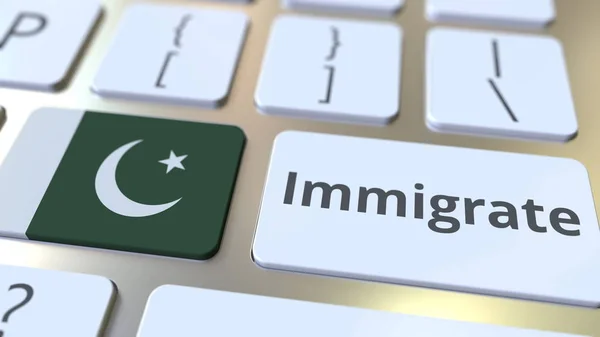 Immigrate tekst i flaga Pakistanu na przyciski na klawiaturze komputera. Koncepcyjny rendering 3D — Zdjęcie stockowe