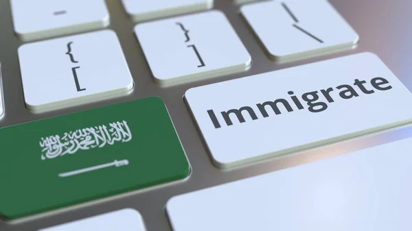 Immigrera text och flagga i Saudiarabien på knapparna på datorns tangentbord. Konceptuell 3D-rendering — Stockfoto