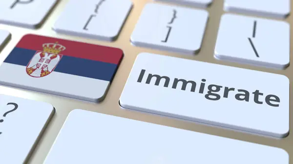Імміграція текст і прапор Сербії на кнопки на клавіатурі комп'ютера. Концептуальне 3D-відтворення — стокове фото