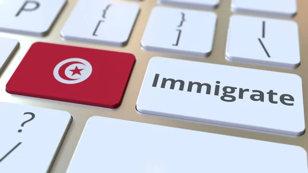 Імміграція текст і прапор Тунісу на кнопки на клавіатурі комп'ютера. Концептуальне 3D-відтворення — стокове фото