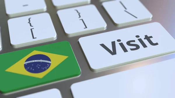 Текст ВИЗИТ и флаг Бразилии на кнопках на клавиатуре компьютера. Концептуальная 3D рендеринг — стоковое фото