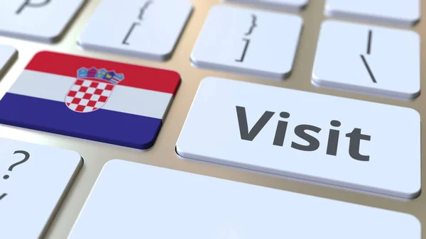 Відвідайте текст і Прапор Хорватії на кнопках на клавіатурі комп'ютера. Концептуальне 3D-відтворення — стокове фото