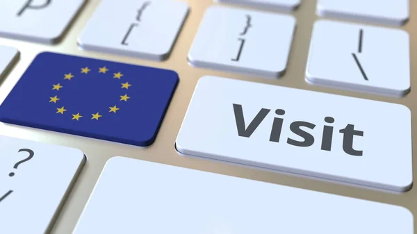 Odwiedź tekst i flagę Unii Europejskiej na klawiszami na klawiaturze komputera. Koncepcyjny rendering 3D — Zdjęcie stockowe