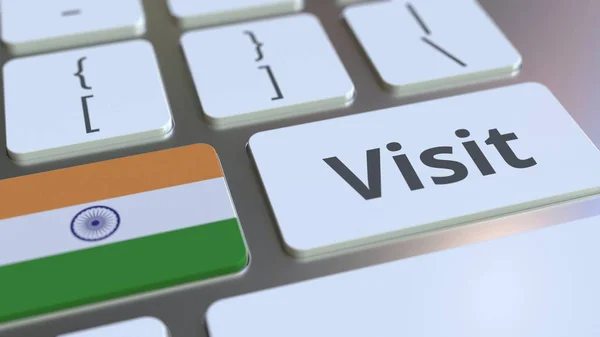 VISITAR texto e bandeira da Índia nos botões no teclado do computador. Renderização 3D conceitual — Fotografia de Stock