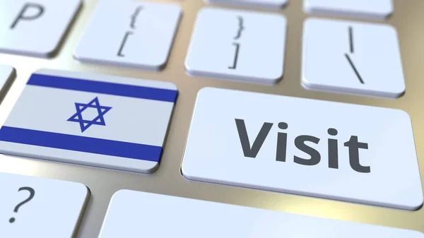 Odwiedź tekst i flaga Izraela na przyciski na klawiaturze komputera. Koncepcyjny rendering 3D — Zdjęcie stockowe