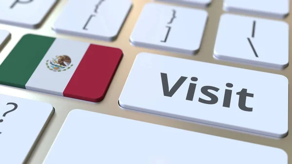 VISITAR texto e bandeira do México nos botões no teclado do computador. Renderização 3D conceitual — Fotografia de Stock