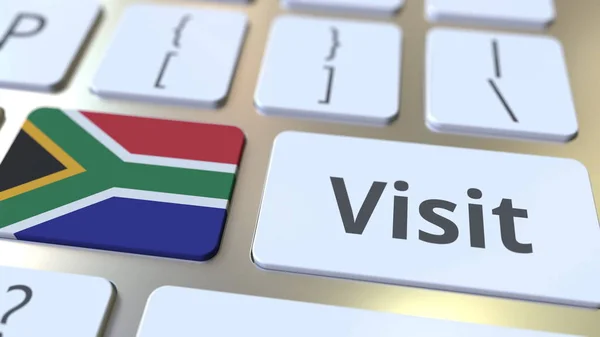 Bilgisayar klavyesindeki düğmelerde Güney Afrika metnini ve bayrağını ziyaret edin. Kavramsal 3d render — Stok fotoğraf