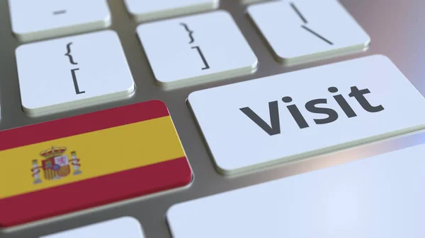 VISITEZ le texte et le drapeau de l'Espagne sur les boutons du clavier de l'ordinateur. rendu 3D conceptuel — Photo