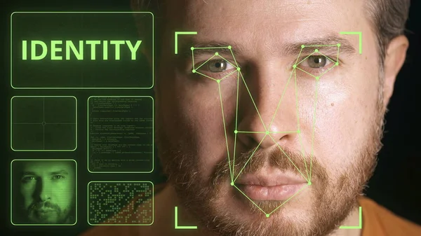 Počítačový bezpečnostní systém, který identifikuje člověka tváří v tvář. Obrázek související s identitou — Stock fotografie