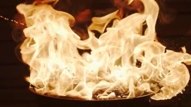 Ajouter du charbon de bois liquide briquet dans le feu de barbecue. Plan au ralenti super — Video
